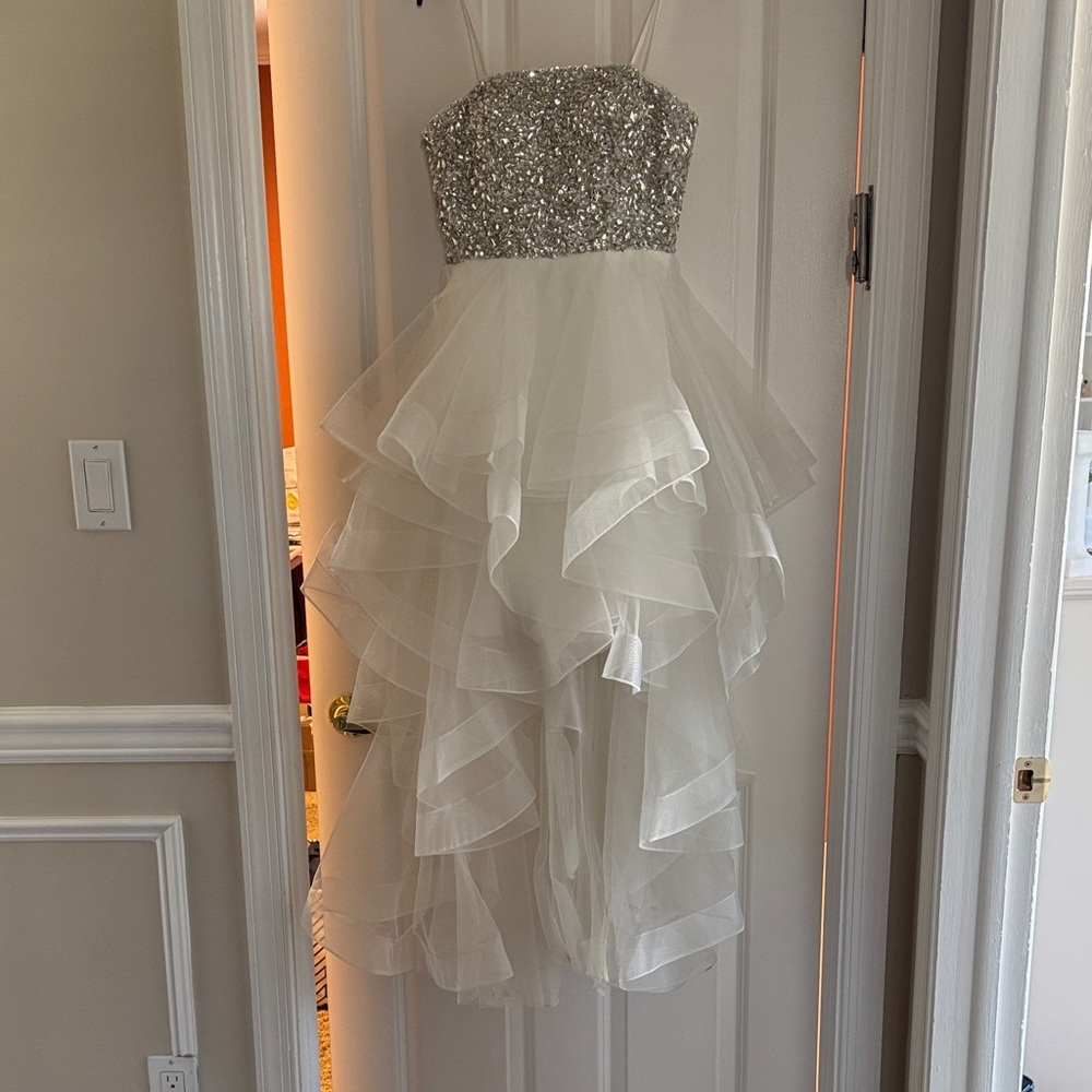 Jovani Silver and White Formal Kids Dress